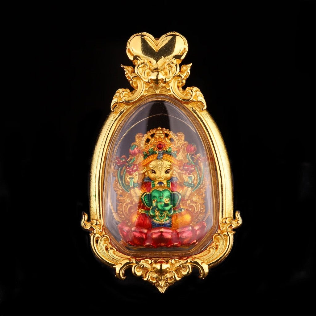 Thai goddess amulet for prosperity in ornate gold frame with vibrant colors and detailed design