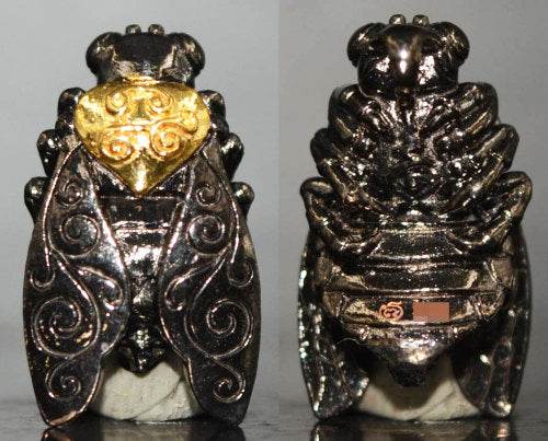 Thai golden bee amulet for wealth with intricate black and gold detailing front and back view
