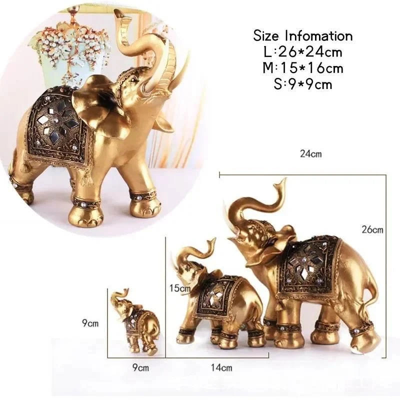 Thai Golden Resin Elephant Statues - Set of 3 Decorative Home Accents