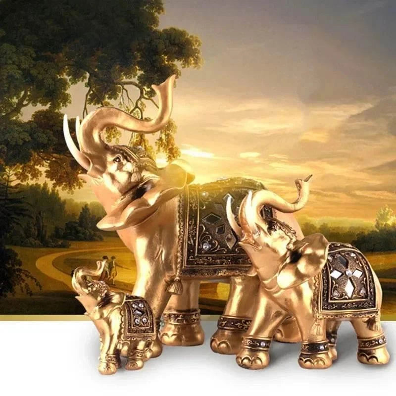 Thai Golden Resin Elephant Statues - Set of 3 Decorative Home Accents