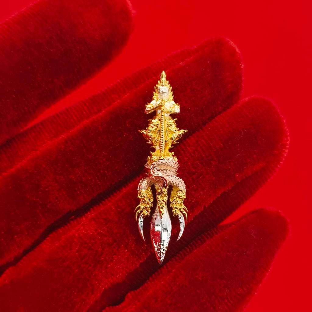Thai guardian amulet Klang Setthi edition featuring intricate design and gold accents for spiritual protection