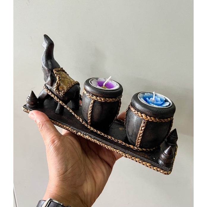 Thai handcrafted home decor wooden elephant candle holder with two colorful candles by One-Sake.com