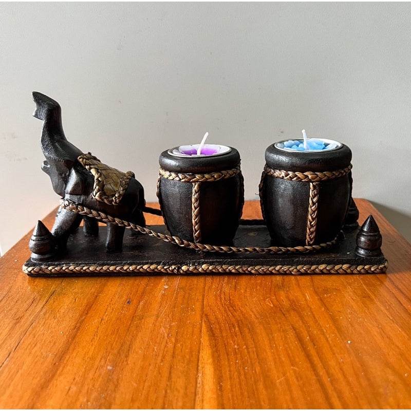 Thai handcrafted home decor wooden candle holder with buffalo and braided details by One-Sake.com