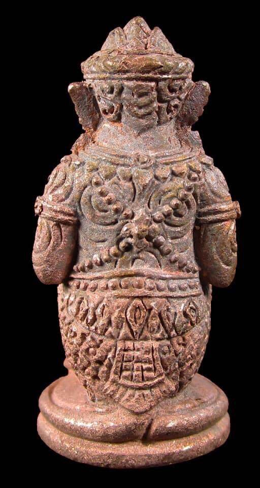 Rear view of ornate seated Hanuman amulet in aged bronze with intricate carvings Hanuman Saensamrit Amulet .