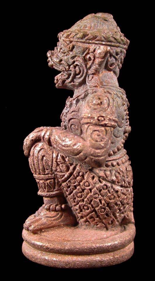 Vintage carved Hanuman Saensamrit Amulet . brown terracotta kneeling monkey god amulet with ornate details
