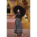 Thai-Inspired Women’s Cotton Outfit: Long Sleeve Top and Royal Request Print Skirt Set in Purple, Navy Blue, Terracotta, and Black ดำ