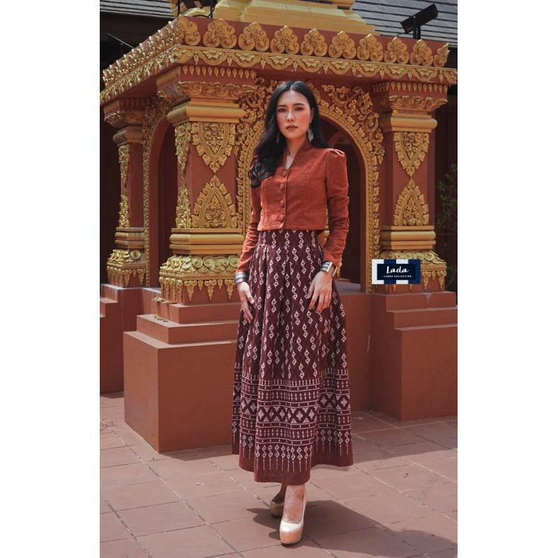 Thai-Inspired Women’s Cotton Outfit: Long Sleeve Top and Royal Request Print Skirt Set in Purple, Navy Blue, Terracotta, and Black