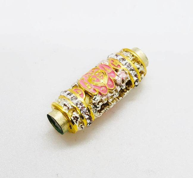 Thai love and luck amulet Nang Riek hand-scribed talisman with ornate gold and pink detailing
