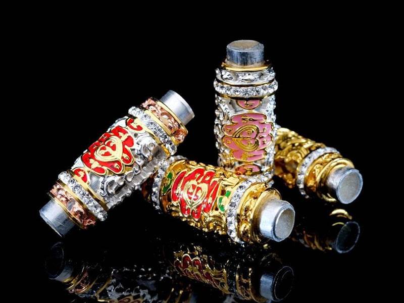 Thai love and luck amulet Nang Riek hand-scribed talisman with colorful designs and metallic finish