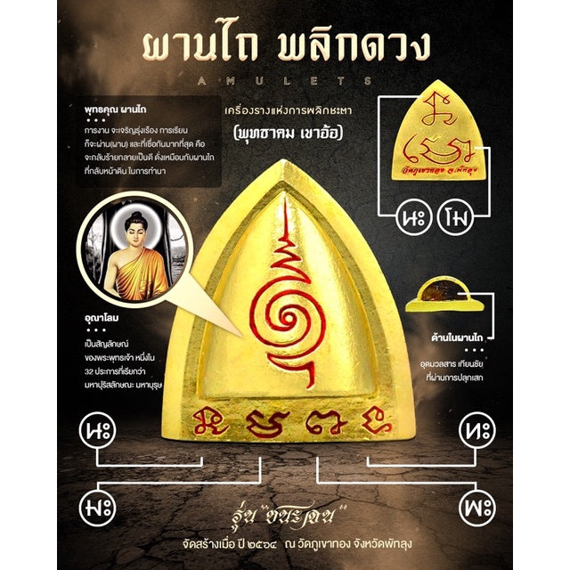 Thai luck amulet for victory with golden triangular design and red mystical symbols from Thai Blessing Co