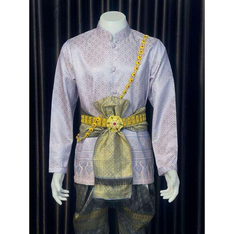 Thai Men's Wedding Outfit - Custom Light Blue Traditional Costume Set with Long Sleeve Jacket & Sarong for Grooms, Events & Ceremonies