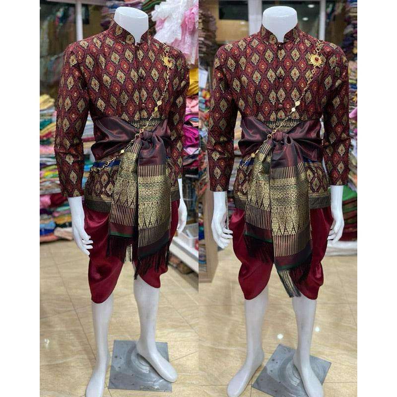 Thai Men's Wedding Outfit Set for Traditional Ceremonies