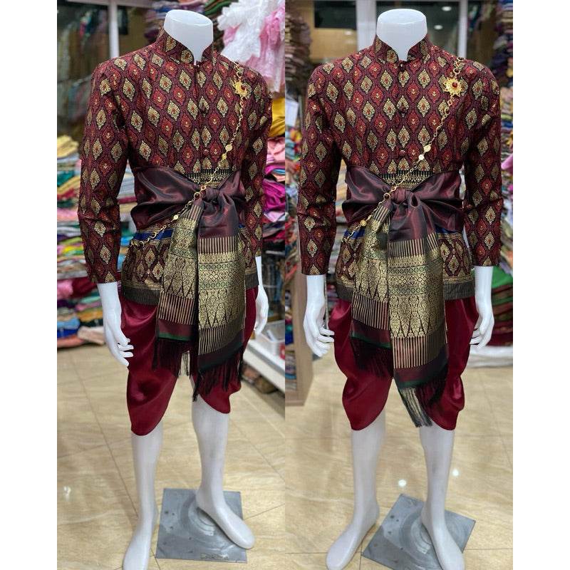 Thai Men's Traditional Wedding Outfit Set One-Sake.com 1 / L 1 / S 1 / M 1 / S-1 / M-1 / L-1 / Xl-1 / Xxl-2 / S-2 / M-2 / L-2 / Xl-2 / Xxl-3 / S-3 / M-3 / L-3 / Xl-3 / Xxl-4 / S-4 / M-4 / L-4 / Xl-4 / Xxl-5 / S-5 / M-5 / L-5 / Xl-5 / Xxl-6 / S-6 / M-6 / L-6 / Xl-6 / Xxl-
