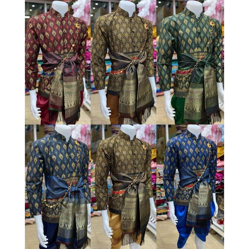 Thai Men's Traditional Wedding Outfit Set One-Sake.com 1 / L 1 / S 1 / M 1 / S-1 / M-1 / L-1 / Xl-1 / Xxl-2 / S-2 / M-2 / L-2 / Xl-2 / Xxl-3 / S-3 / M-3 / L-3 / Xl-3 / Xxl-4 / S-4 / M-4 / L-4 / Xl-4 / Xxl-5 / S-5 / M-5 / L-5 / Xl-5 / Xxl-6 / S-6 / M-6 / L-6 / Xl-6 / Xxl-
