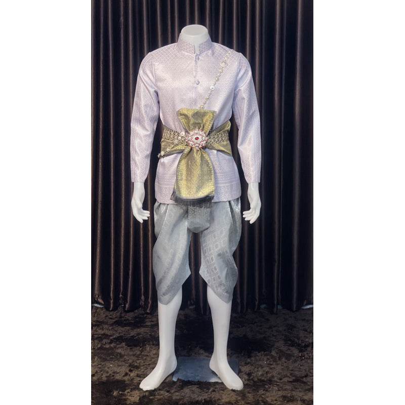 Thai Men's Wedding Outfit Traditional Set One-Sake.com Only Chong Kraben Only Men's outfits Accessories Only Men's outfits-Accessories-Only Chong Kraben-Shirt + waist cloth-