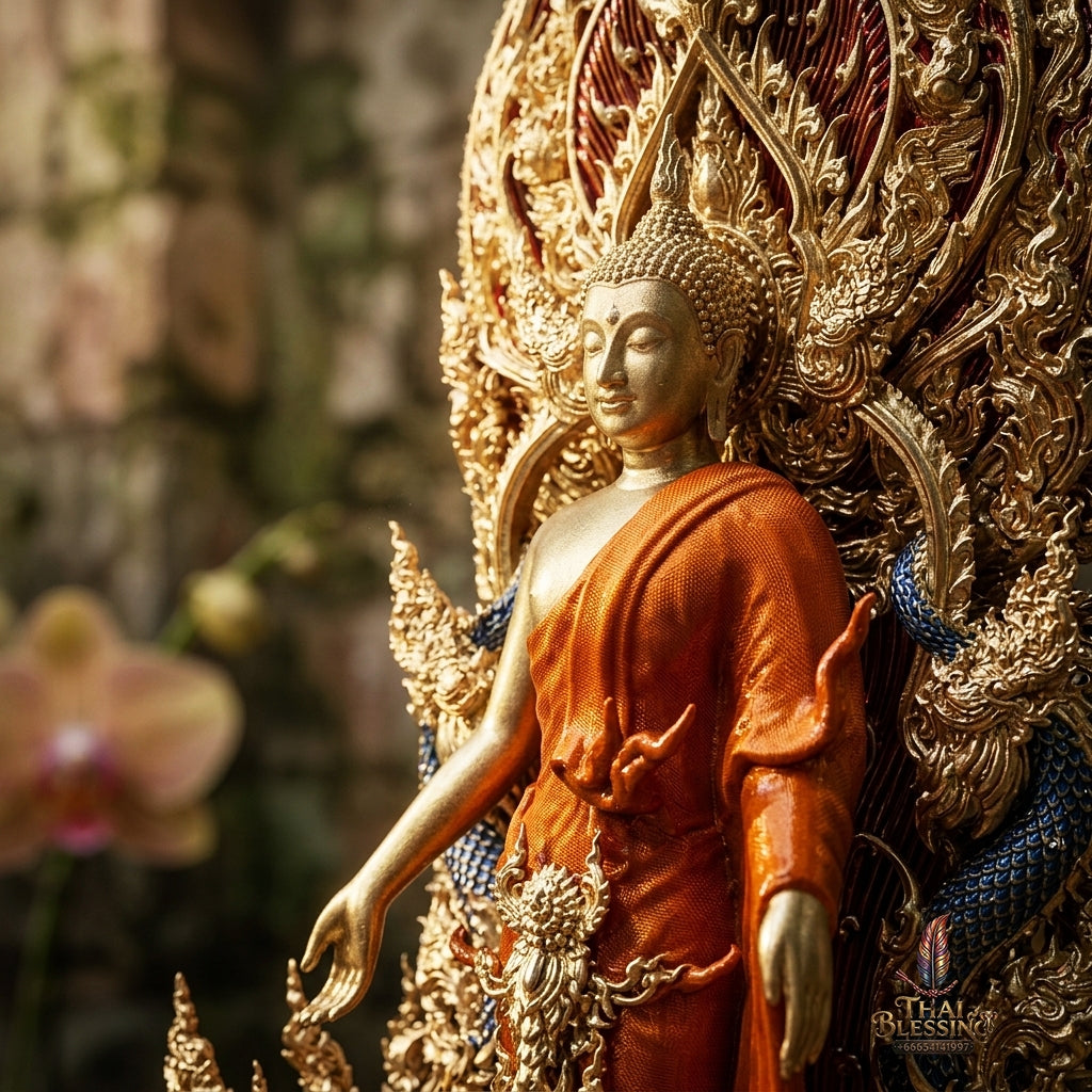 Authentic Sacred Museum-Grade Thai Fine Art Statue "Phra Open World" (Phra Pang Poed Lok - Phanom Naka Edition) 5 Inch Altar Size