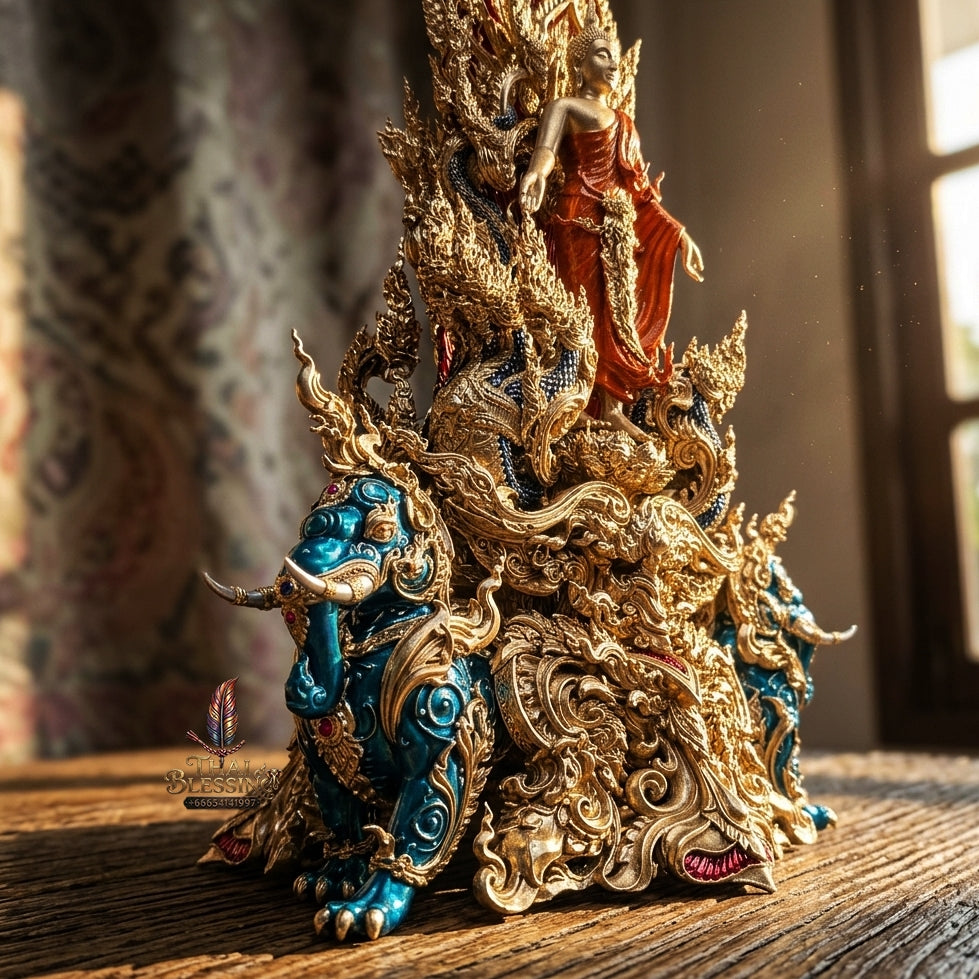 Authentic Sacred Museum-Grade Thai Fine Art Statue "Phra Open World" (Phra Pang Poed Lok - Phanom Naka Edition) 5 Inch Altar Size