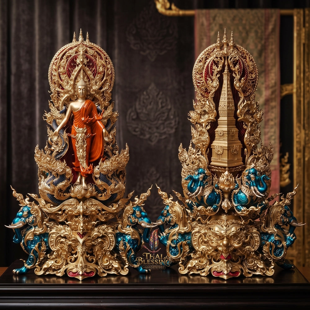 Authentic Sacred Museum-Grade Thai Fine Art Statue "Phra Open World" (Phra Pang Poed Lok - Phanom Naka Edition) 5 Inch Altar Size