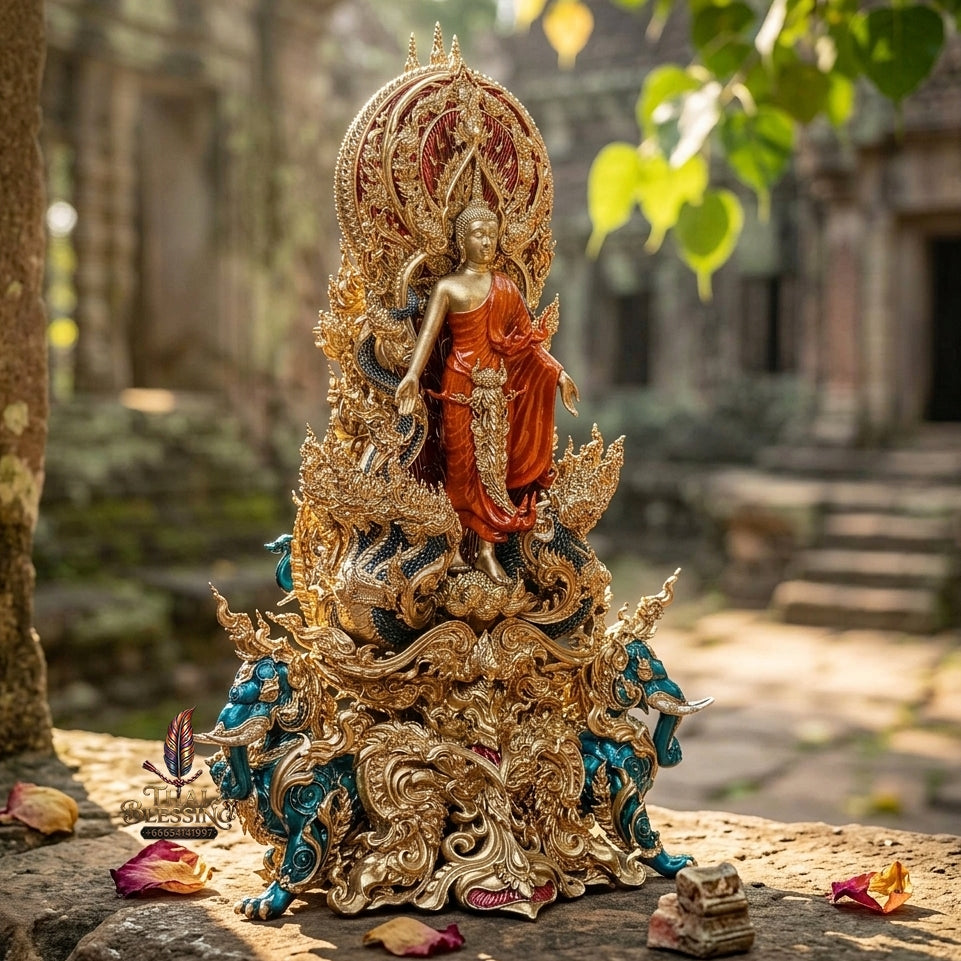 Authentic Sacred Museum-Grade Thai Fine Art Statue "Phra Open World" (Phra Pang Poed Lok - Phanom Naka Edition) 5 Inch Altar Size