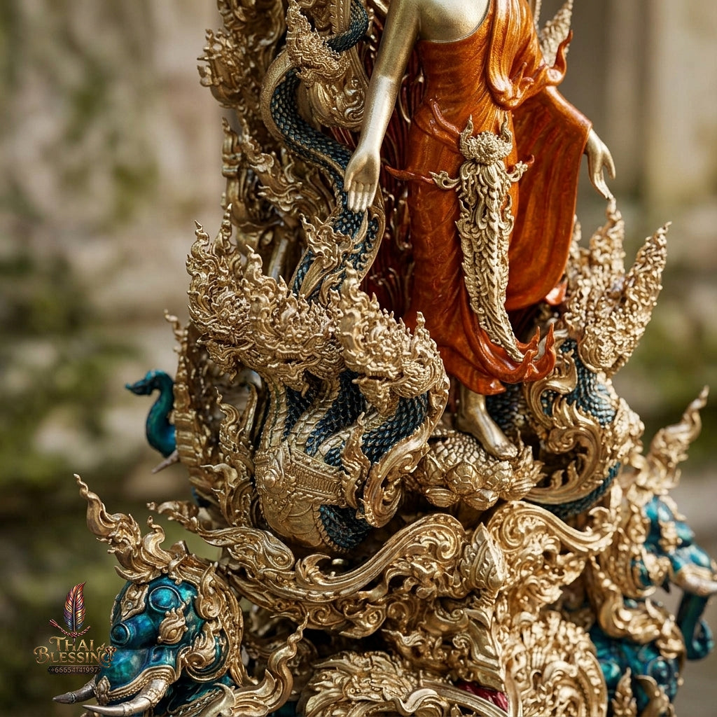 Authentic Sacred Museum-Grade Thai Fine Art Statue "Phra Open World" (Phra Pang Poed Lok - Phanom Naka Edition) 5 Inch Altar Size
