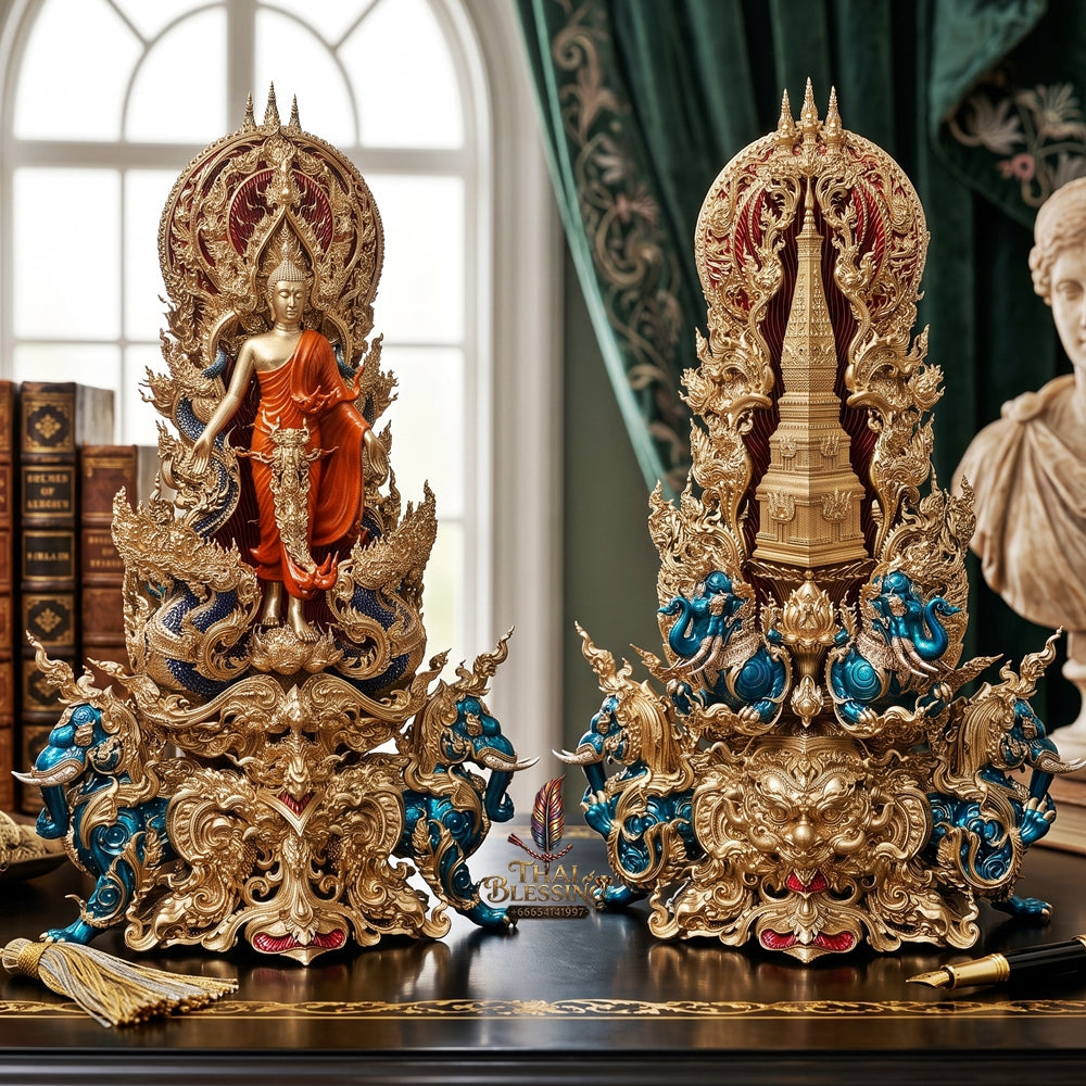 Authentic Sacred Museum-Grade Thai Fine Art Statue "Phra Open World" (Phra Pang Poed Lok - Phanom Naka Edition) 5 Inch Altar Size