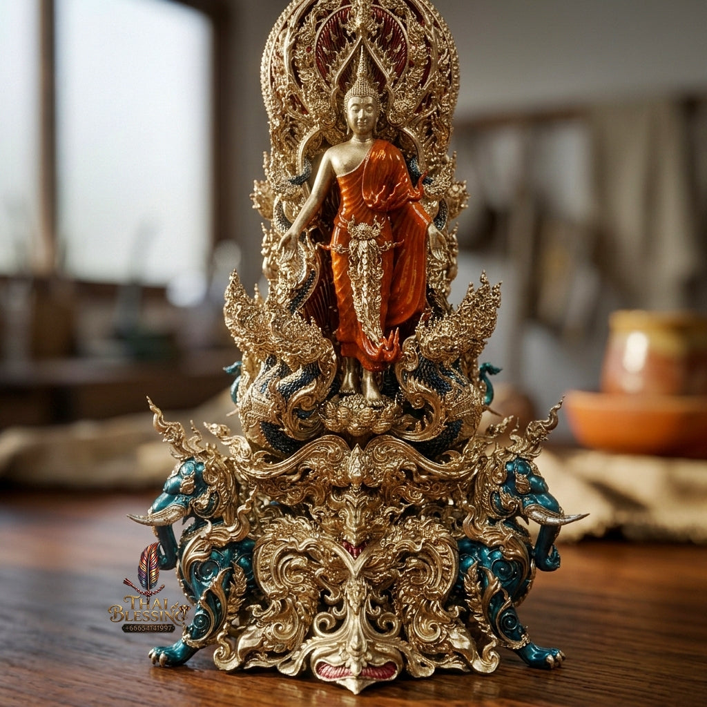 Authentic Sacred Museum-Grade Thai Fine Art Statue "Phra Open World" (Phra Pang Poed Lok - Phanom Naka Edition) 5 Inch Altar Size