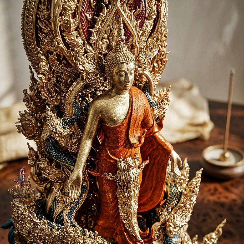 Authentic Sacred Museum-Grade Thai Fine Art Statue "Phra Open World" (Phra Pang Poed Lok - Phanom Naka Edition) 5 Inch Altar Size