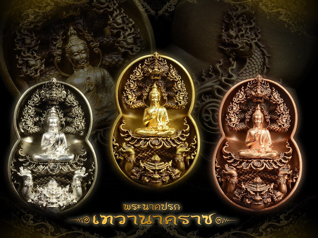 Three ornate Thai amulets in silver gold and copper for home altar by Thai Blessing Co Phra Nak Prok amulet for protection