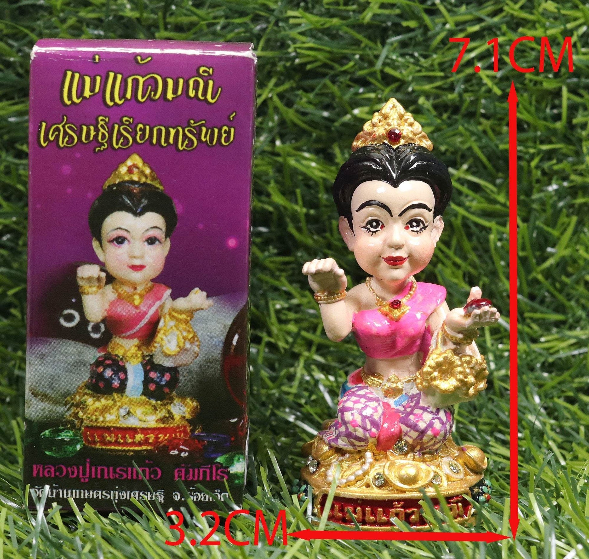 Thai prosperity figurine for shop decor in pink traditional attire with gold accents and intricate details