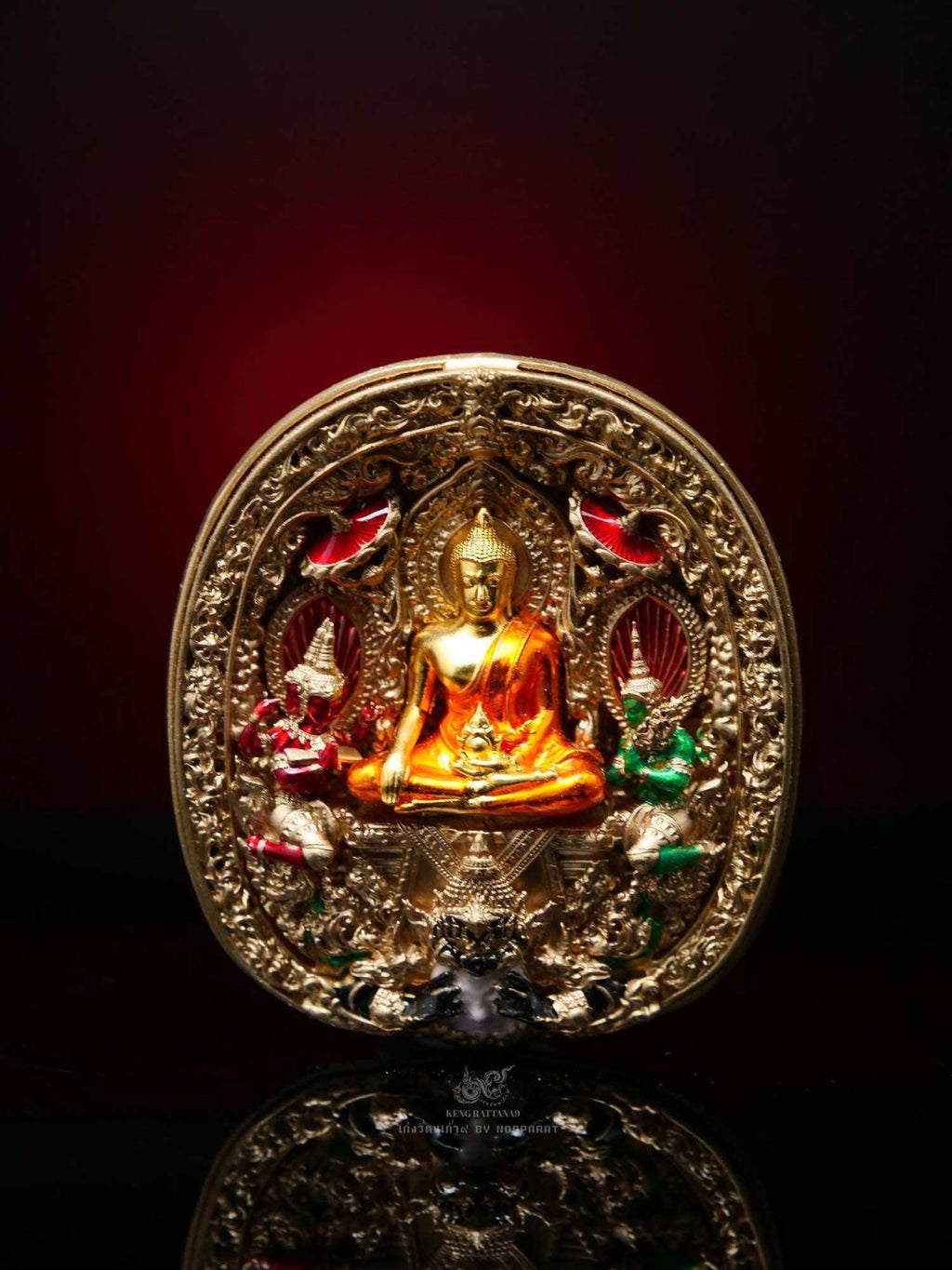 Thai protection amulet double consecration Phra Yod Khun Phon Amulet with intricate gold and colorful details