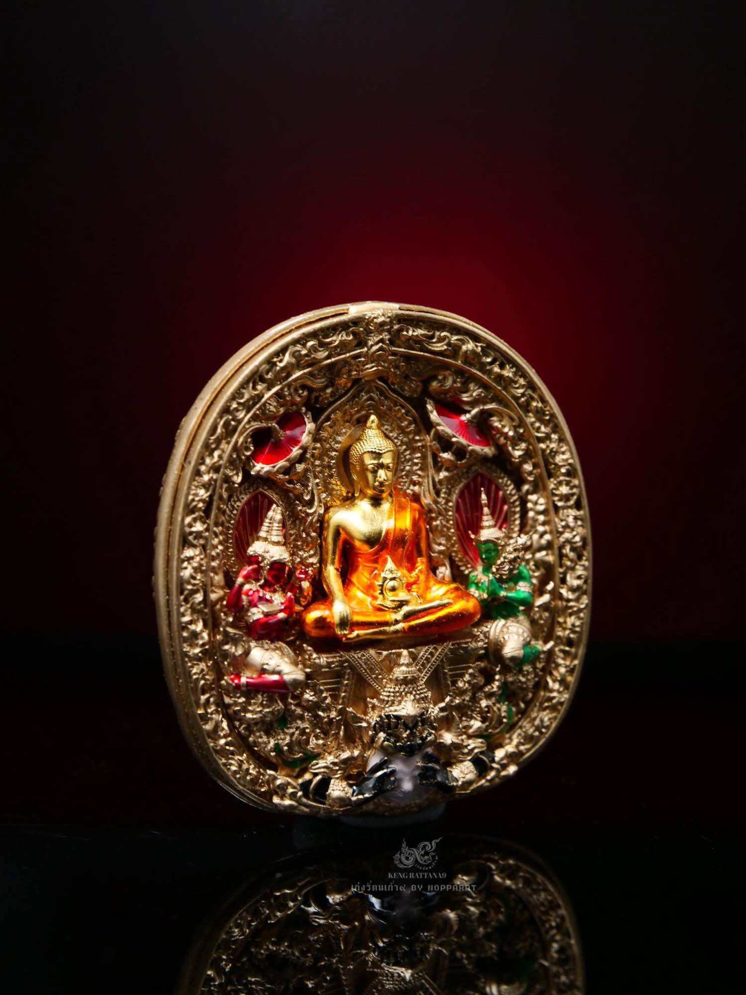 Thai protection amulet double consecration Phra Yod Khun Phon Amulet with intricate gold detailing and colored accents