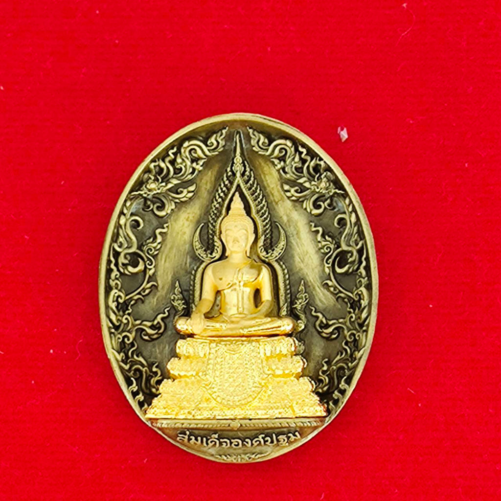 Thai protection fortune blessing charm featuring a golden Buddha statue on an ornate background