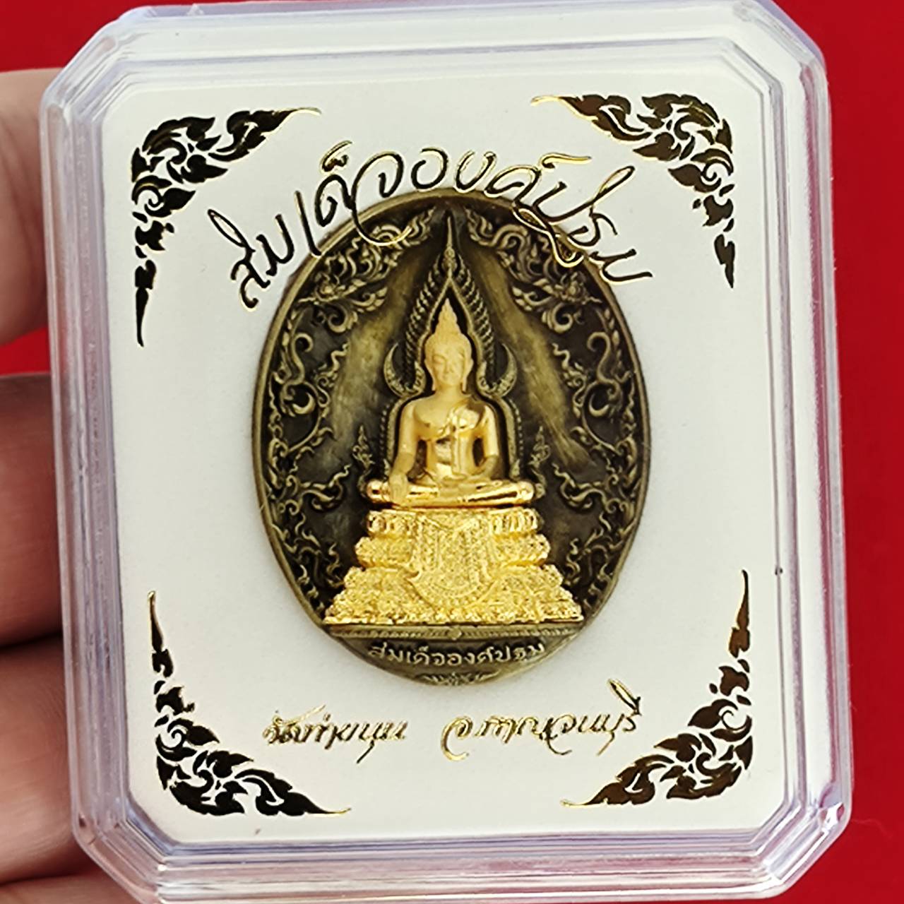 Thai protection fortune blessing charm featuring a detailed Buddha statue in a protective casing