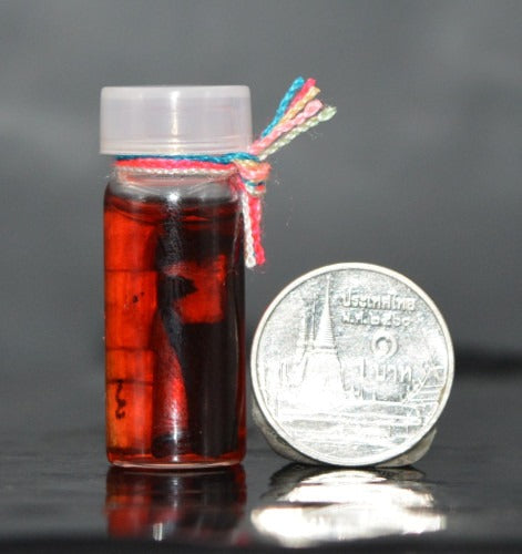 Small vial with red liquid and colorful string containing Thai Rak Yom twin child spirit amulet next to Thai coin