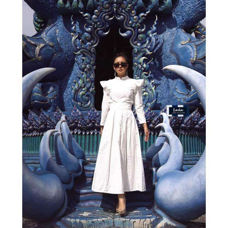 Thai Rompimarn Blouse and Skirt Set - Cream White Twisted Wing Collar and Pleated Cotton for Modest Events