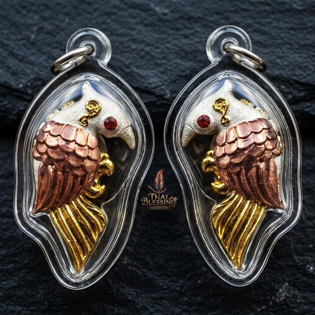 Authentic Thai Amulet "Salika Maha Long Sacred 2K Gold & Silver Plated Bronze Celestial Bird Pendant" Consecrated by Luang Pu Thongwan, Wat Ban Pak Dom B.E. 2566 (2023) - Hypnotic Speech Charm, Sales Success & High Metta Attraction