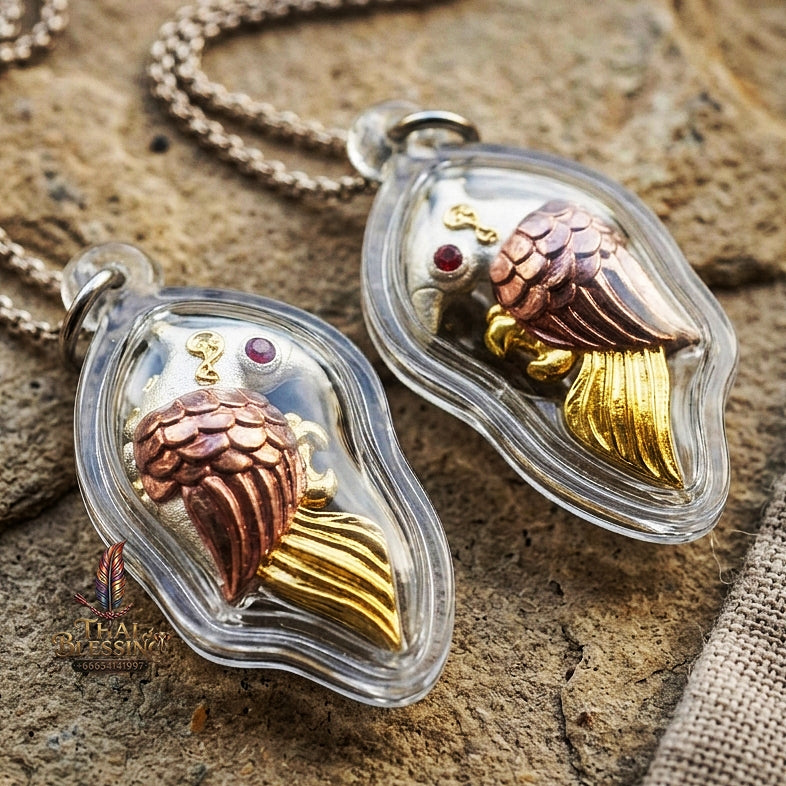 Authentic Thai Amulet "Salika Maha Long Sacred 2K Gold & Silver Plated Bronze Celestial Bird Pendant" Consecrated by Luang Pu Thongwan, Wat Ban Pak Dom B.E. 2566 (2023) - Hypnotic Speech Charm, Sales Success & High Metta Attraction