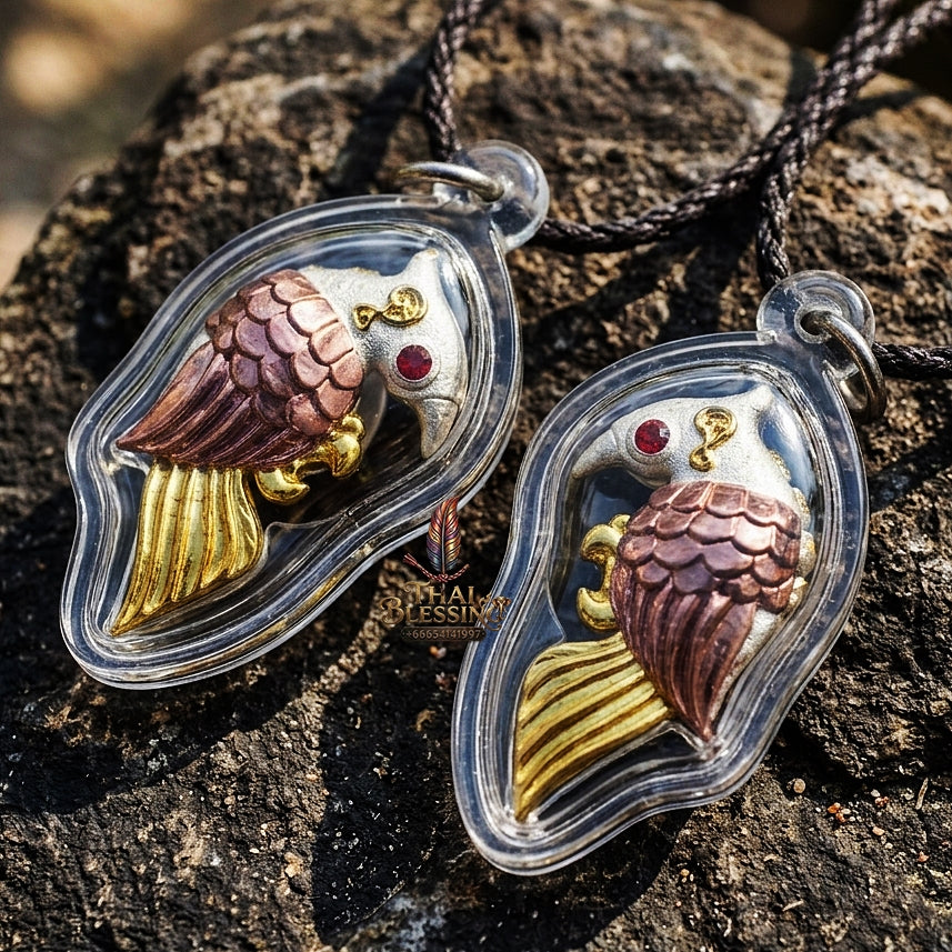 Authentic Thai Amulet "Salika Maha Long Sacred 2K Gold & Silver Plated Bronze Celestial Bird Pendant" Consecrated by Luang Pu Thongwan, Wat Ban Pak Dom B.E. 2566 (2023) - Hypnotic Speech Charm, Sales Success & High Metta Attraction