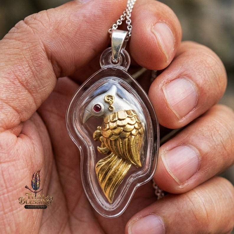 Authentic Thai Salika Bird Amulet "Sarika Maha Long Enchantment Celestial Bird 2K Plated Bronze with Red Gemstone Eyes"