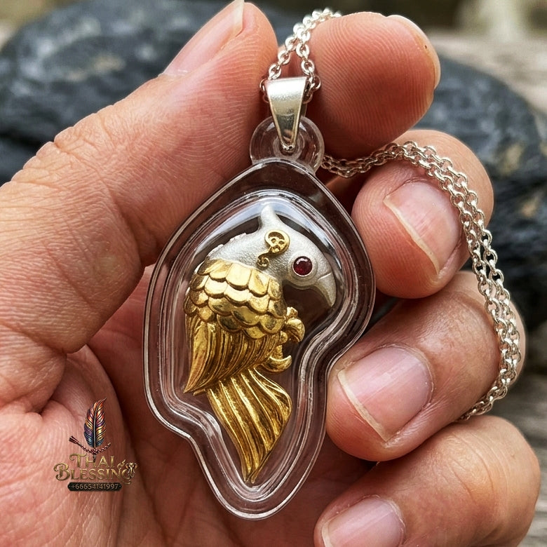 Authentic Thai Salika Bird Amulet "Sarika Maha Long Enchantment Celestial Bird 2K Plated Bronze with Red Gemstone Eyes"