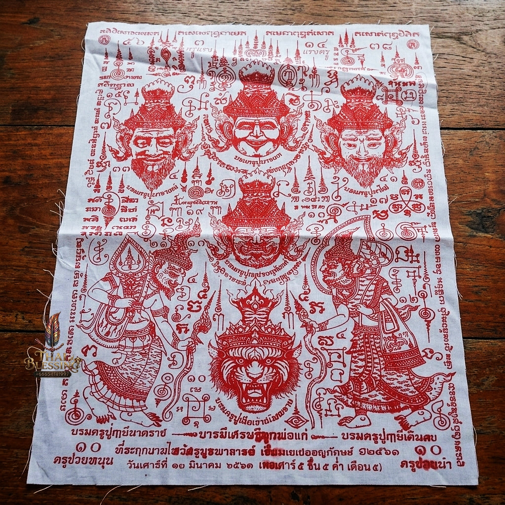 Authentic Thai Sacred Yantra Cloth "7 Grand Master Hermit Lersi Deities - Wai Kru Memorial Edition" (A3 Size) by Ruen Phra Phetchalukan Pichai Songkhram