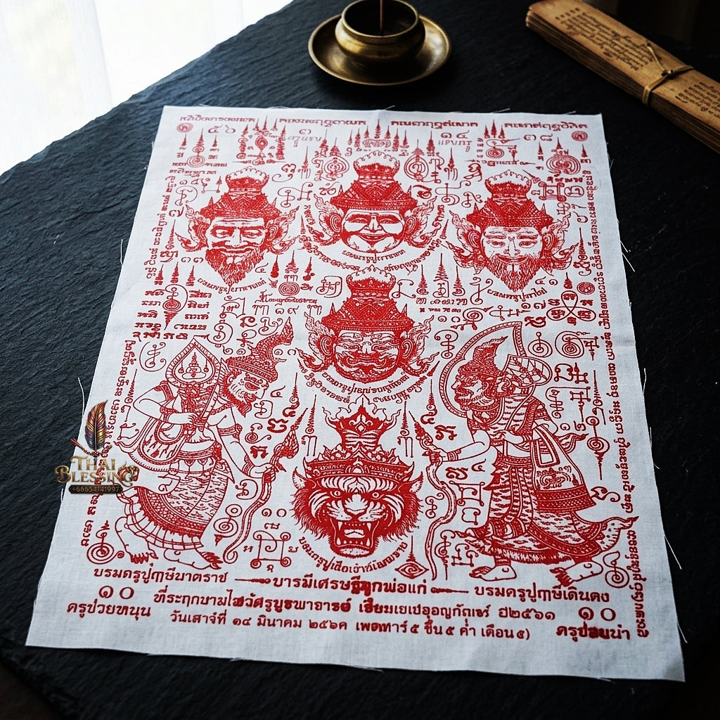 Authentic Thai Sacred Yantra Cloth "7 Grand Master Hermit Lersi Deities - Wai Kru Memorial Edition" (A3 Size) by Ruen Phra Phetchalukan Pichai Songkhram