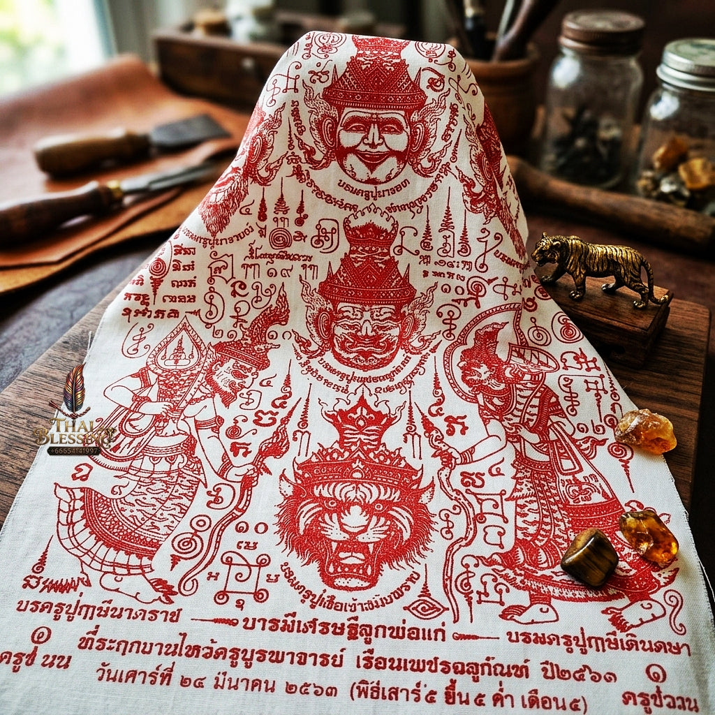 Authentic Thai Sacred Yantra Cloth "7 Grand Master Hermit Lersi Deities - Wai Kru Memorial Edition" (A3 Size) by Ruen Phra Phetchalukan Pichai Songkhram
