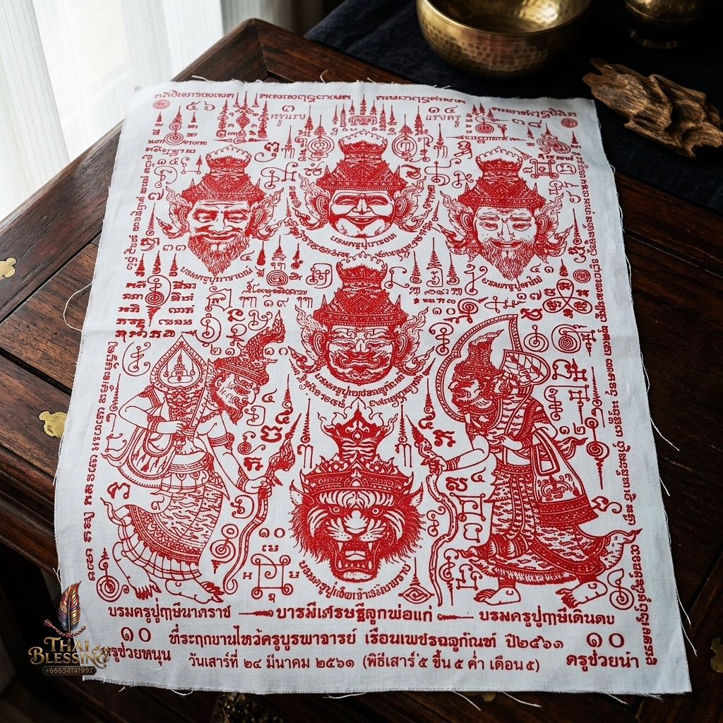 Authentic Thai Sacred Yantra Cloth "7 Grand Master Hermit Lersi Deities - Wai Kru Memorial Edition" (A3 Size) by Ruen Phra Phetchalukan Pichai Songkhram