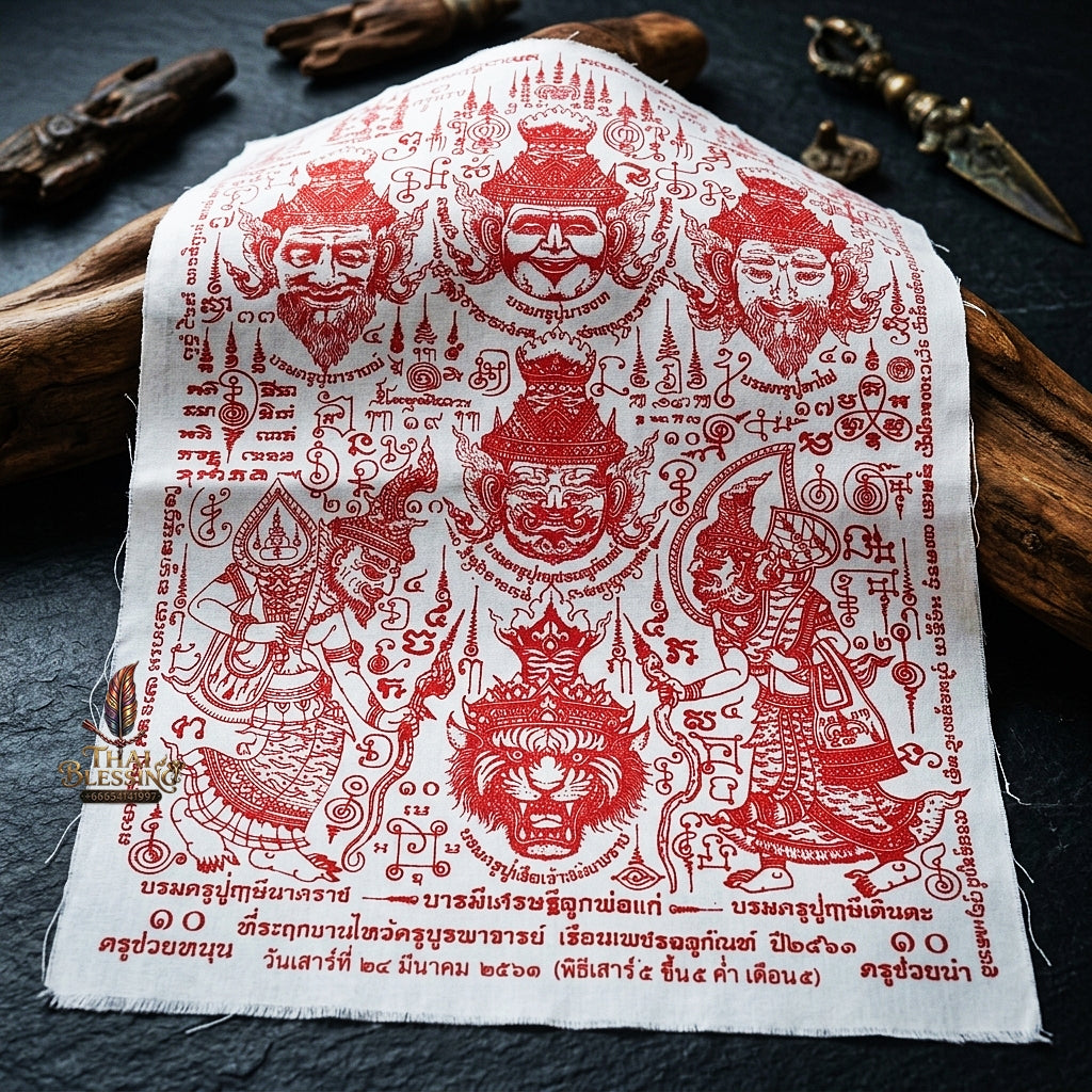 Authentic Thai Sacred Yantra Cloth "7 Grand Master Hermit Lersi Deities - Wai Kru Memorial Edition" (A3 Size) by Ruen Phra Phetchalukan Pichai Songkhram