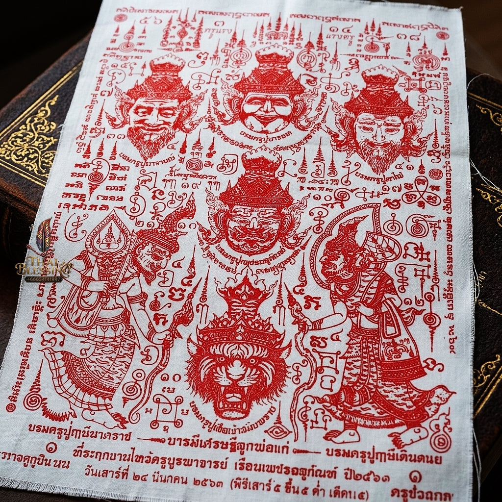 Authentic Thai Sacred Yantra Cloth "7 Grand Master Hermit Lersi Deities - Wai Kru Memorial Edition" (A3 Size) by Ruen Phra Phetchalukan Pichai Songkhram