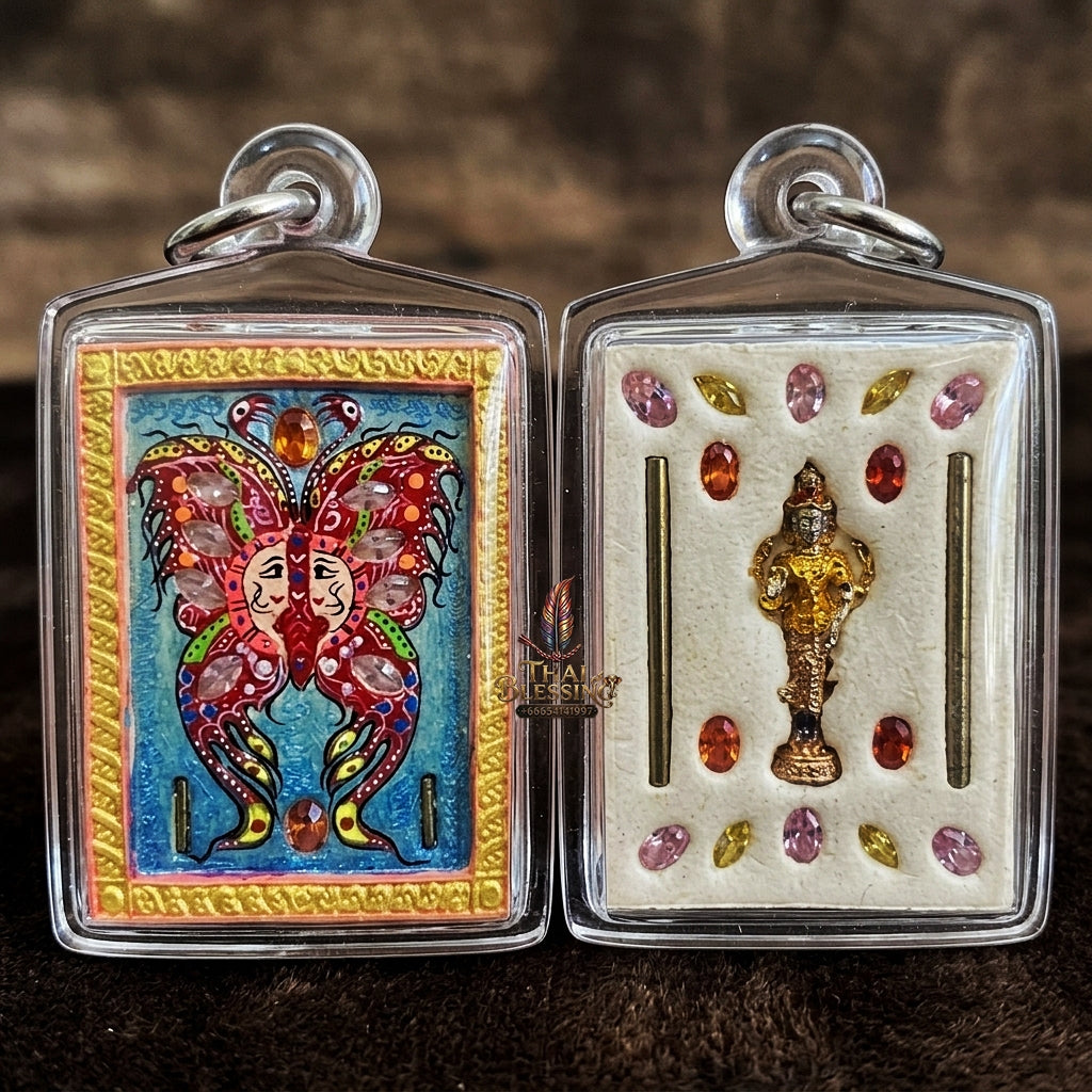 Authentic Thai Amulet "King of Butterflies Thep Chamlaeng Phamon Sacred Powder Pendant" Consecrated by Kruba Krissana Intawanno, Weruwan Monastery B.E. 2555 (2012)