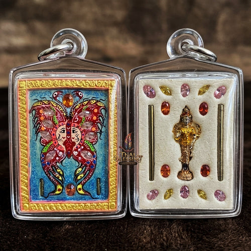 Authentic Thai Amulet "King of Butterflies Thep Chamlaeng Phamon Sacred Powder Pendant" Consecrated by Kruba Krissana Intawanno, Weruwan Monastery B.E. 2555 (2012) - Encrusted with Gemstones, Dual Takrut & Ganesha Statuette