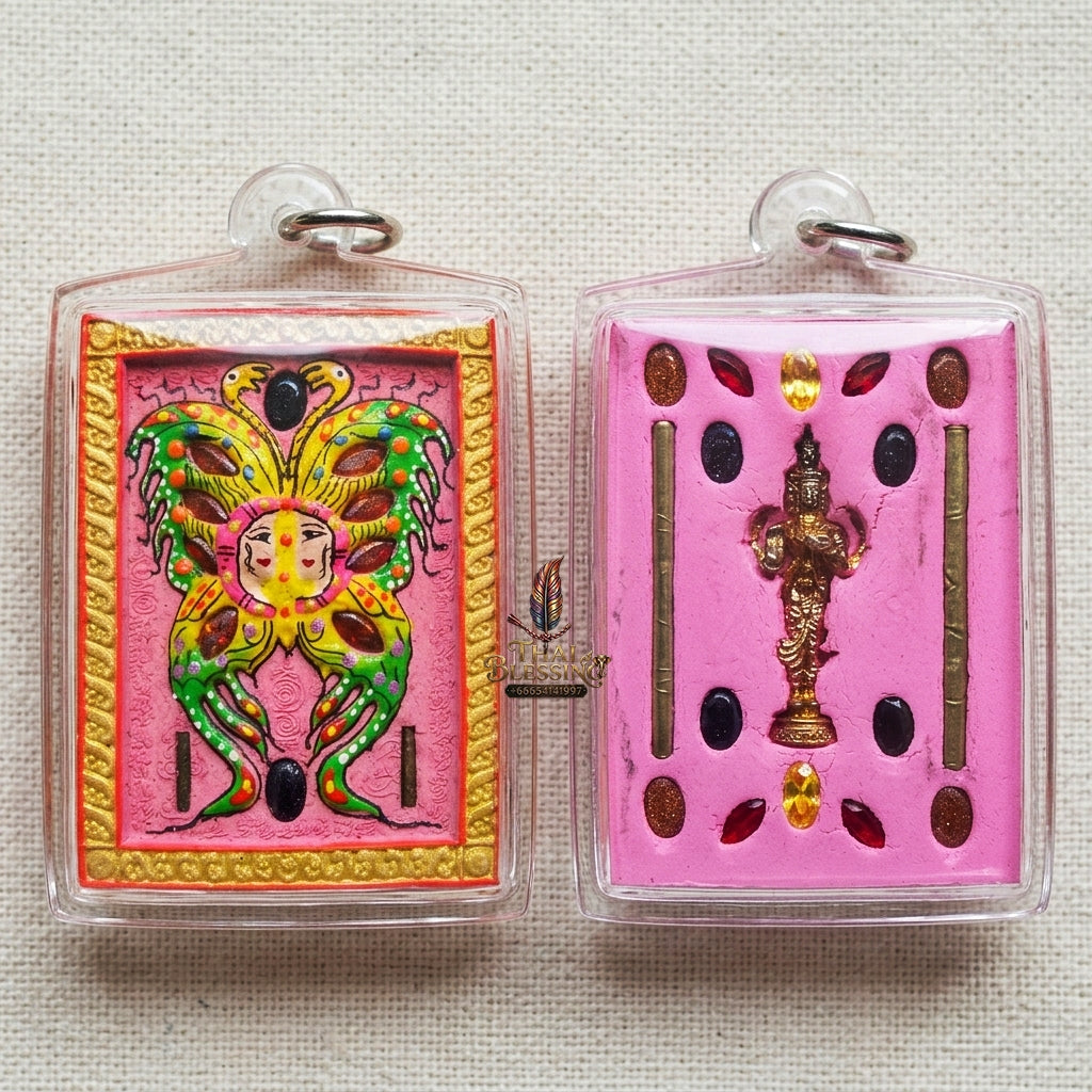 Authentic Thai Amulet "King of Butterflies Thep Chamlaeng Phamon Sacred Powder Pendant" Consecrated by Kruba Krissana Intawanno, Weruwan Monastery B.E. 2555 (2012)