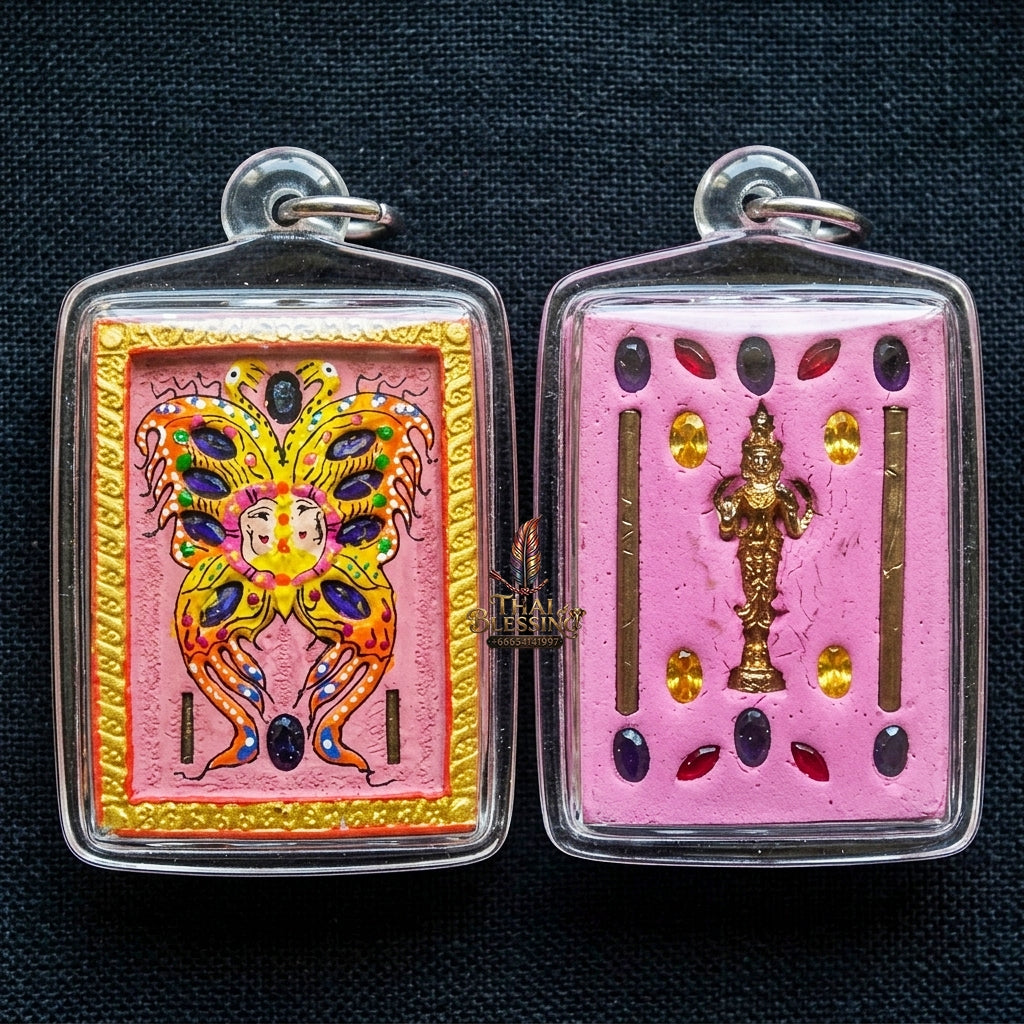 Authentic Thai Amulet "King of Butterflies Thep Chamlaeng Phamon Sacred Powder Pendant" Consecrated by Kruba Krissana Intawanno, Weruwan Monastery B.E. 2555 (2012)